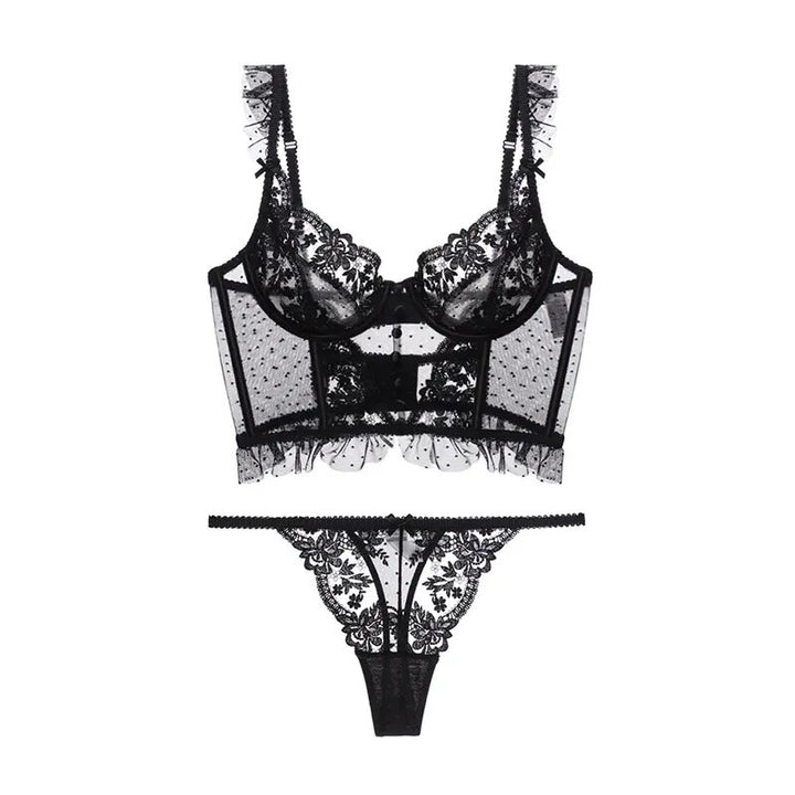 Komplet bielizny z biustonoszem typu bustier i  haftem florystycznym