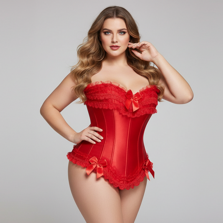Elegancki satynowy gorset plus size z modelującymi fiszbinami i kunsztowną koronką
