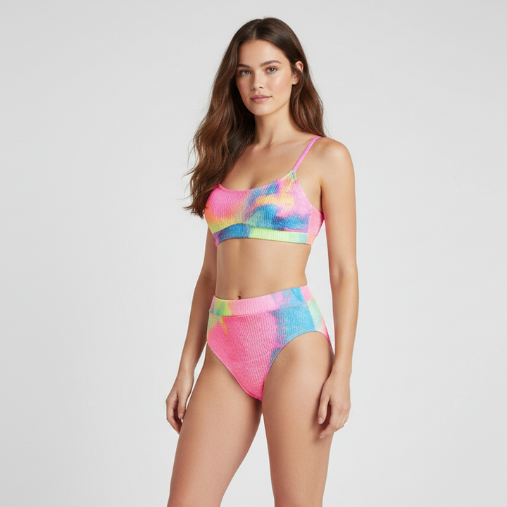 Dwuczęściowy strój kąpielowy tie-dye z wysokim stanem i karbowaną fakturą