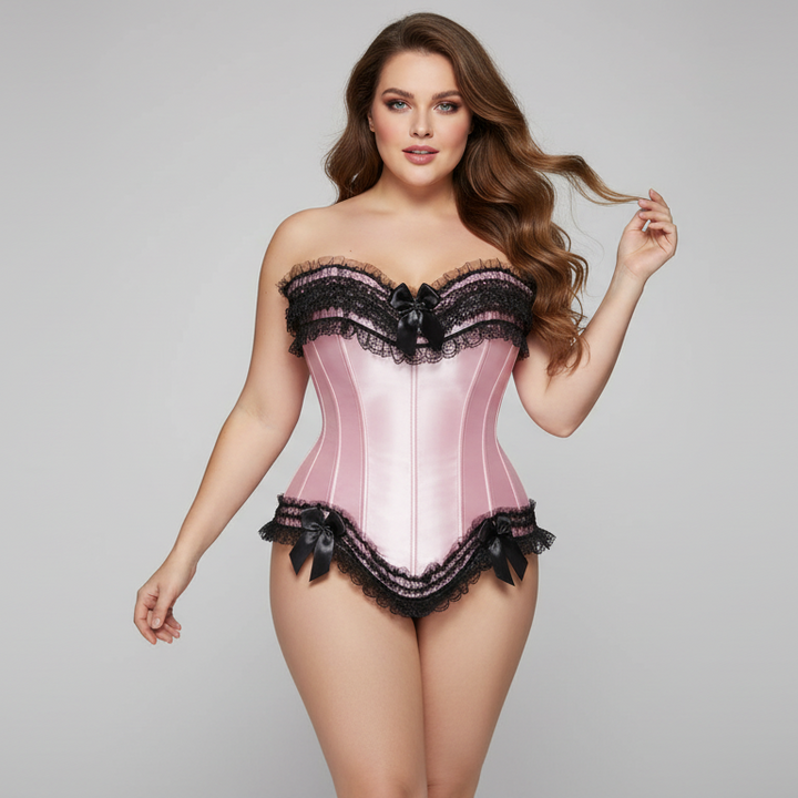 Elegancki satynowy gorset plus size z modelującymi fiszbinami i kunsztowną koronką